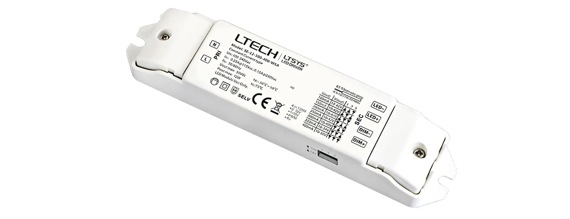 SE-12-100-400-W1A  0-10V/1-10V/10V PWM/RX, 0-100% Dim, ConstantVoltage 12W 10-42Vdc, 100-400mA, 100-240Vac, IP20.